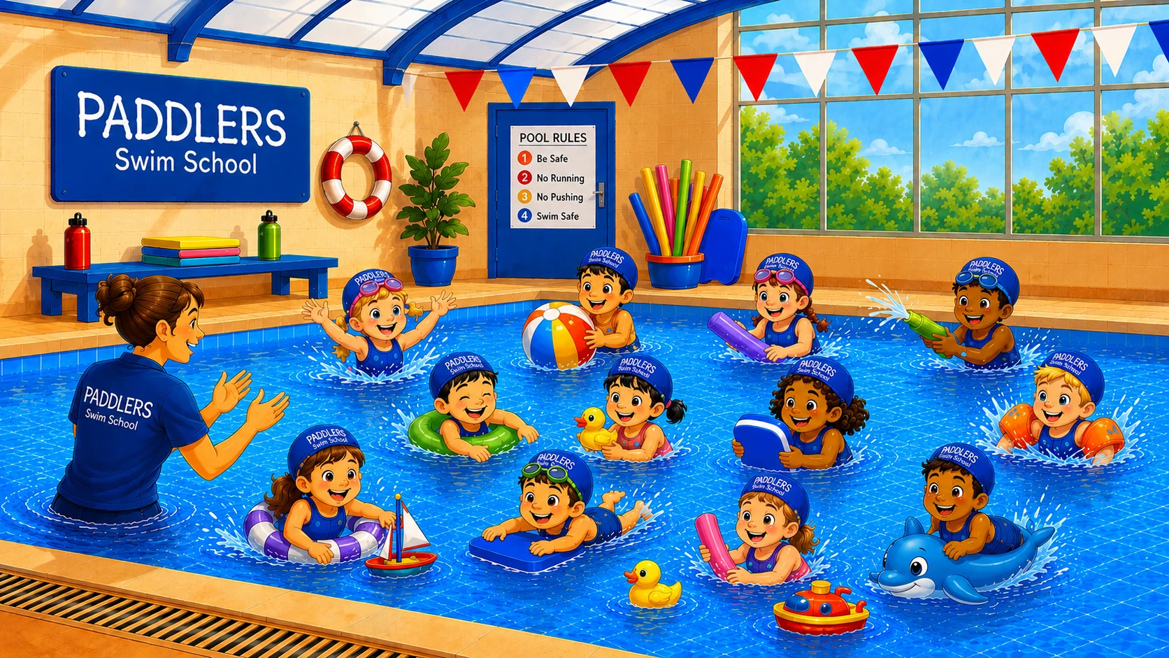 Happy child splashing in the pool during swimming lessons