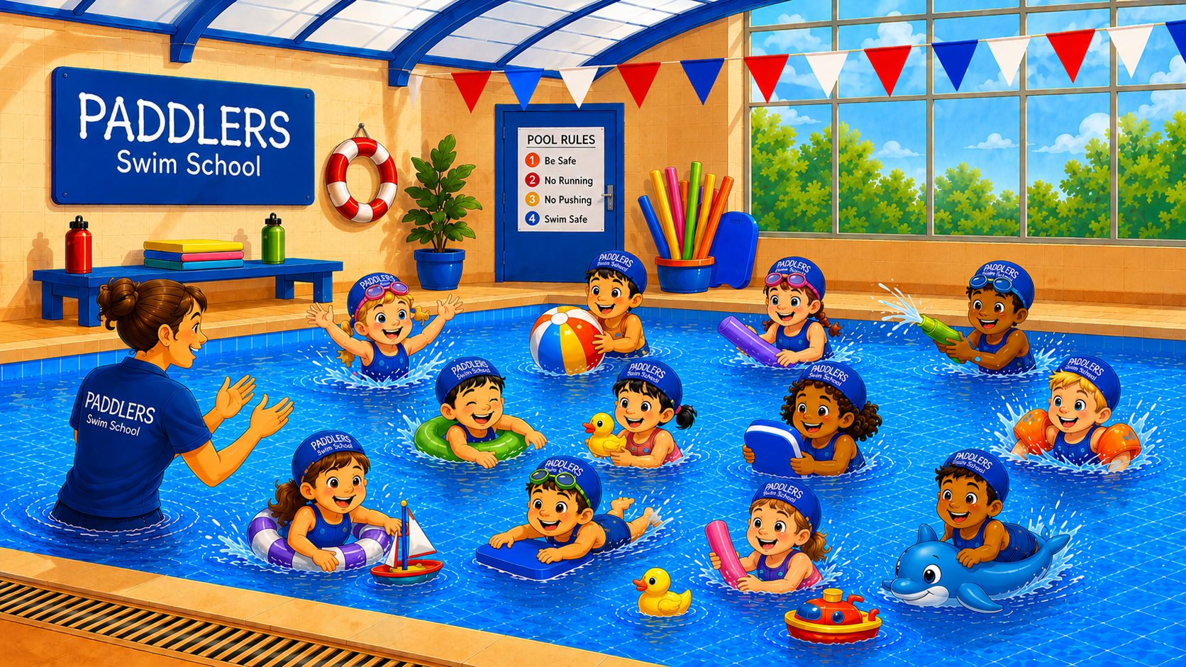 Happy child splashing in the pool during swimming lessons